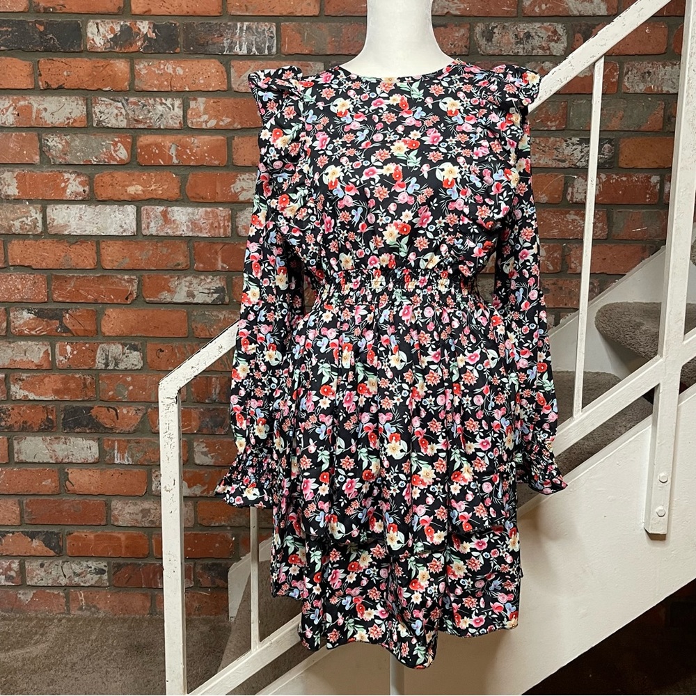 Floral Mini Dress Long Sleeve Black XL